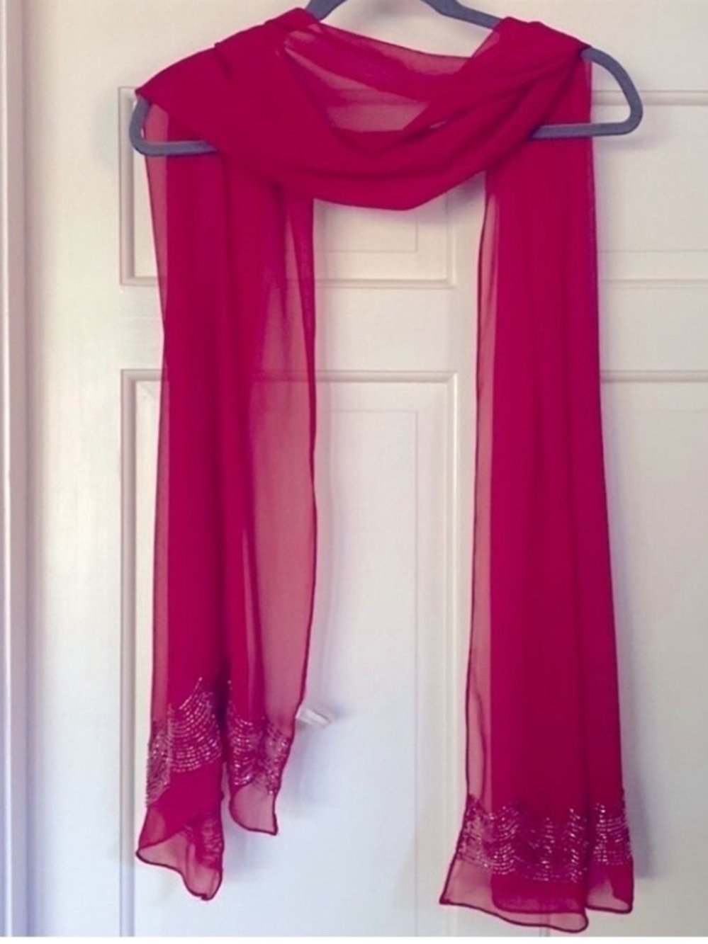 Red Chiffon Scarf Hand Sewn Beading Iridescent Scalloped Formal Scarf Sa